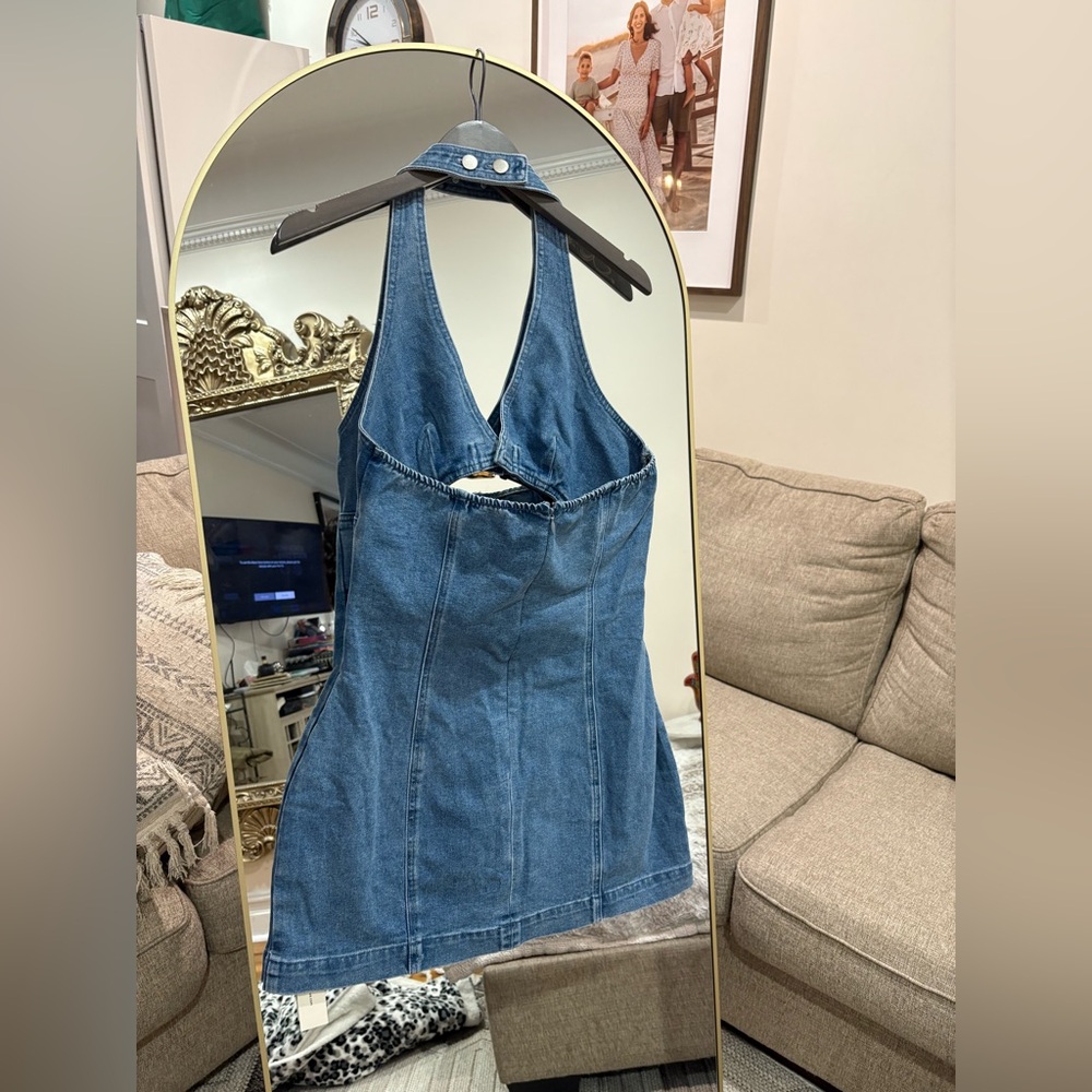 COMMENSE Denim Halter Dress with GOLD Buckle Detail - Picture 3 of 7